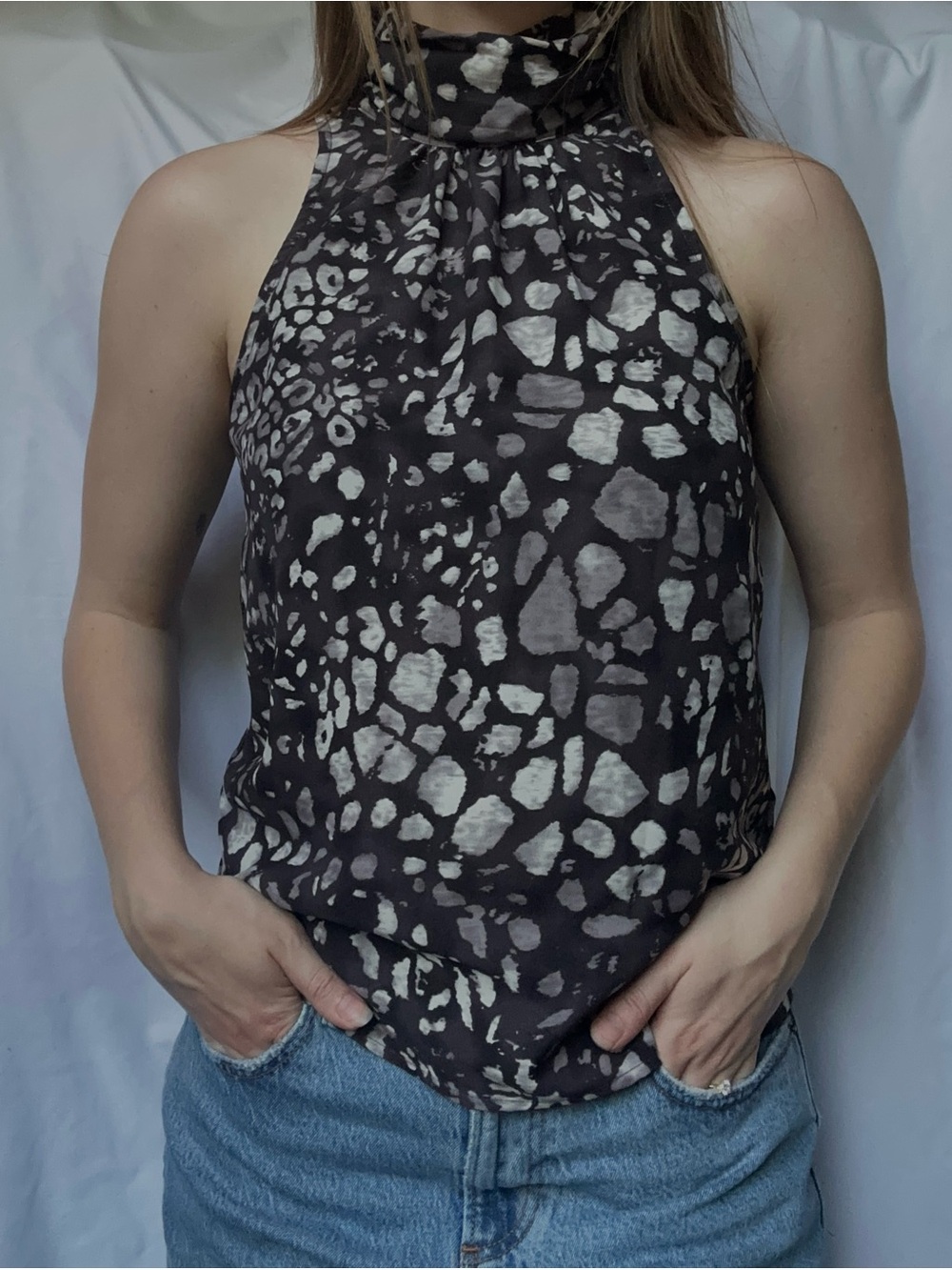 Peyton Jensen Sleeveless High-Neck Cheetah Print Blouse